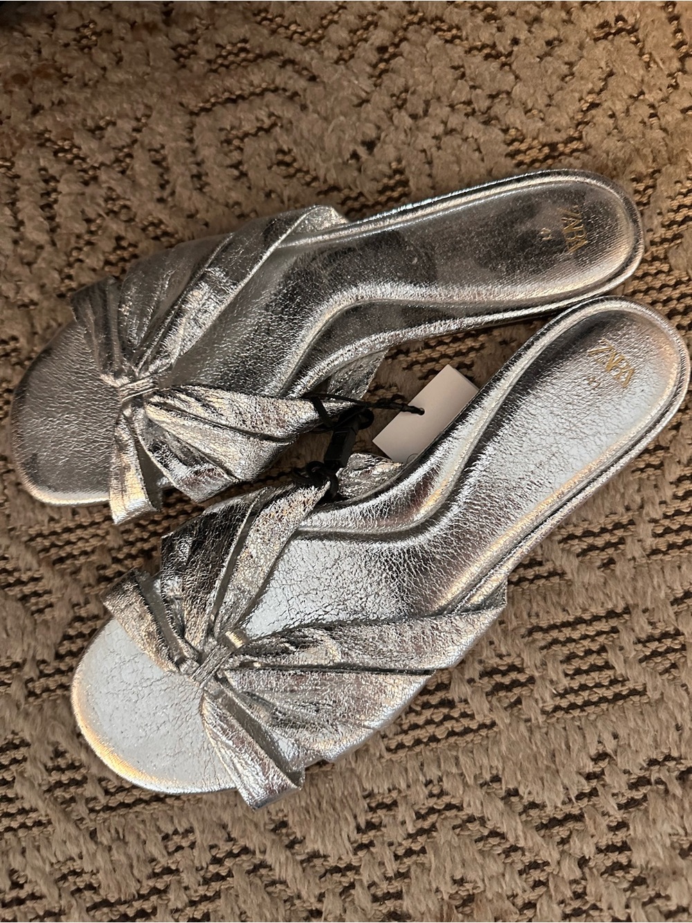 Zara Metallic Silver Knotted Slide Mules